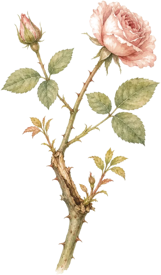 Watercolor botanical: Rose (new growth from the break)